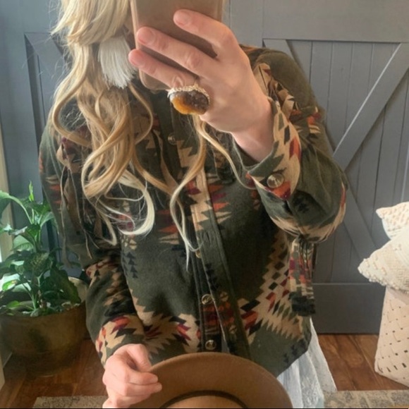 New Aztec Print Fringed Jacket Western Barn Coat Southwest Vintage Boho Shacket - Picture 5 of 11